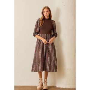 Polagram Brown and Cream Long Sleeve Dress
